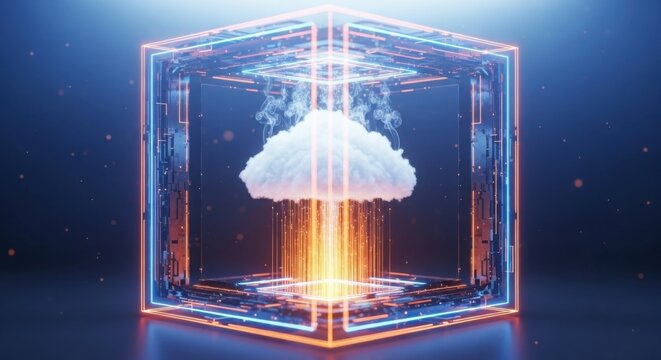 Cloud computing concept with data transfer inside glowing digital cube framework.