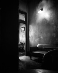 Atmospheric Black and White Interior with Dramatic Wall Lamp Glow