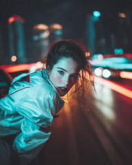Urban glow: woman with half her body hanging out of the window of a moving car.