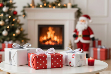 Cozy holiday gifts on a table with a lit candle, against a warm fireplace, sparkling Christmas tree, and Santa, creating a festive winter celebration mood