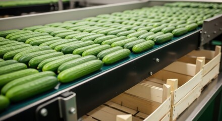 Obraz premium Fresh Cucumbers Moving Along a Conveyor Belt at a Processing Facility