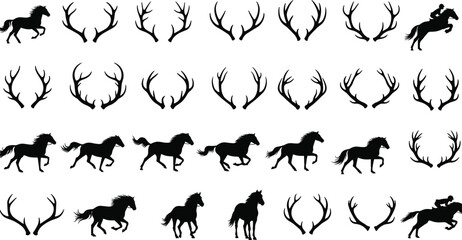 Big collection of black silhouettes featuring running horses, equestrian jumping riders, various deer antlers, elk horns, reindeer trophies, vector illustration set, isolated on white background © MdShahadot