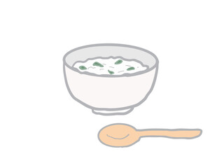 Illustration of rice porridge with seven herbs served in a bowl