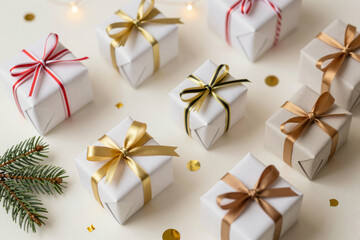Beautifully wrapped white gift boxes adorned with colorful ribbons and festive decorations, perfect for holiday celebrations, joyful giving, and special occasion surprises