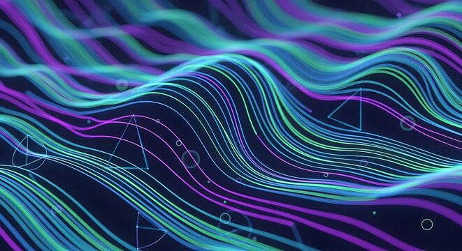 Abstract Wavy Neon Lines and Geometric Shapes Background - Powered by Adobe