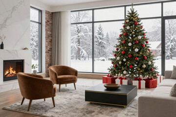 Cozy Christmas home with a festive tree, warm fireplace, and snowy winter views, ideal for holiday comfort and cheerful celebrations