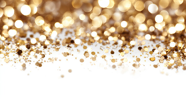 Sparkle, shiny, gold, decoration, bokeh elegant gold confetti with white background. This overlay enhances weddings, parties, or glamorous invitation designs  - Powered by Adobe