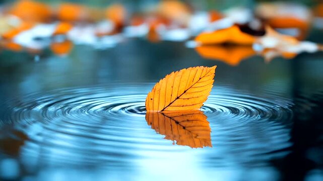 Autumn leaf floating on tranquil water surface