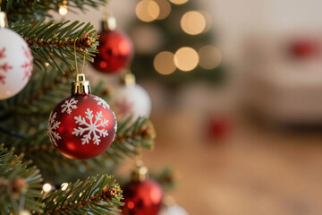 Festive close-up of a beautifully decorated Christmas tree adorned with sparkling red and white baubles, creating a warm holiday atmosphere