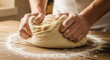 Hands kneading fresh dough on a wooden surface in a kitchen setting