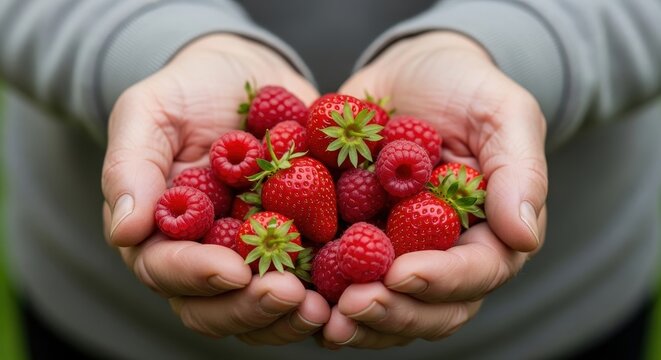 Hands holding a pile of fresh red strawberries and raspberries - Powered by Adobe