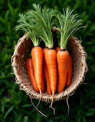 Freshly Harvested Carrots in a Woven Basket on Green Grass