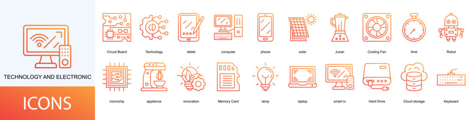 Technology and electronic icon collection set. Containing tablet, computer, phone, solar, Juicer, Cooling Fan, time, Robot icon.