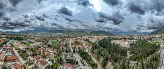Aerial view of L'Aquila in Italy with Spanish Fort and medieval town center in Abruzzo