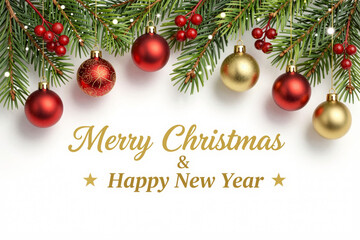 Elegant Christmas and New Year greeting with evergreen fir branches, red berries, and shimmering gold and red baubles on a clean white background