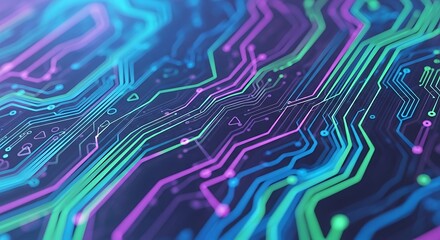 Close-up of Glowing Digital Circuit Board Traces technology