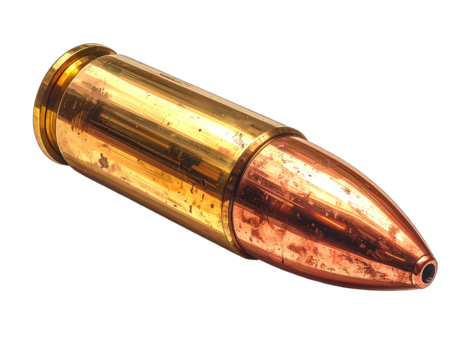 A macro shot of a single, bright gold-and-copper bullet, angled slightly against a black background, shining softly