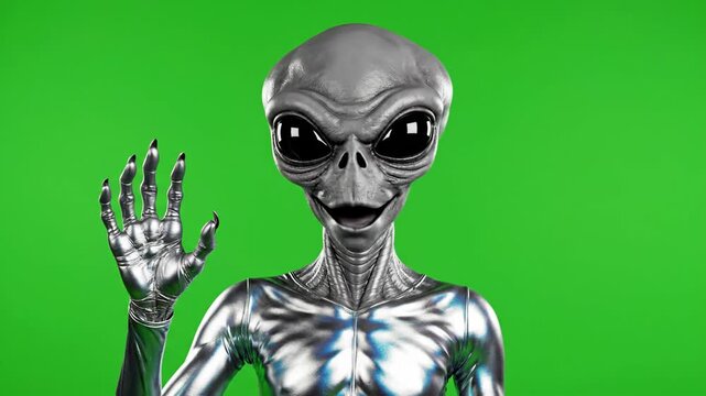 Alien Encounter - A Close-Up of a Grey Alien Waving Hello on Green Screen.