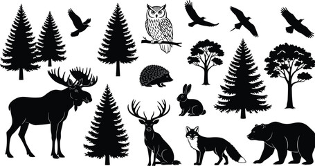 Forest Animals and Trees Silhouette Vector Set, Including Moose, Bear, Deer, Fox, Rabbit, Owl, Eagle, and Pine Trees, for Wildlife Nature Design.