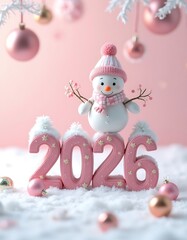 Smiling Snowman with Purple Hat and Glowing Snowflake in Snowy Scene
