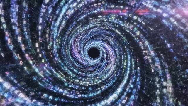 Futuristic Digital Data Vortex Swirling Through Hyperspace Tunnel.