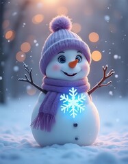 Smiling Snowman with Purple Hat and Glowing Snowflake in Snowy Scene