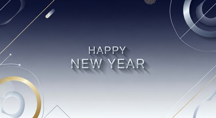 Elegant Happy New Year background with silver and gold geometric shapes perfect for holiday greetings and festive designs