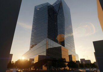 Modern skyscraper with geometric facade at sunset