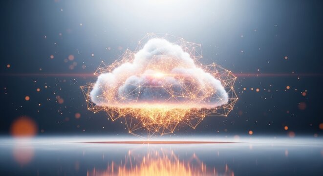 Cloud computing concept with glowing network connections and data storage symbol