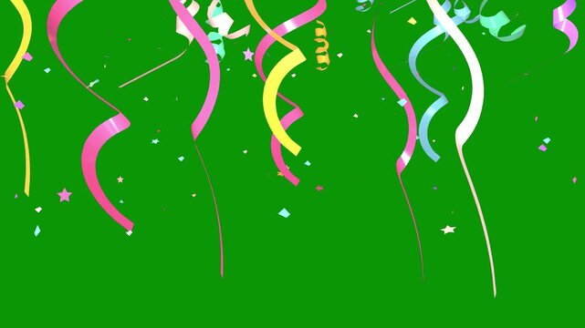 Colorful streamers and confetti in motion with a green screen background, ideal for party or celebration videos.