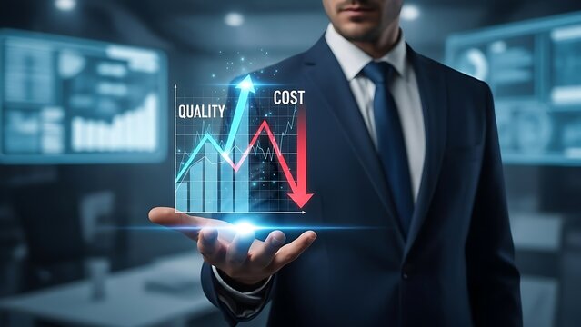 Dynamic businessman showcasing quality improvement and cost reduction with financial chart in hand for strategic business growth and modern success