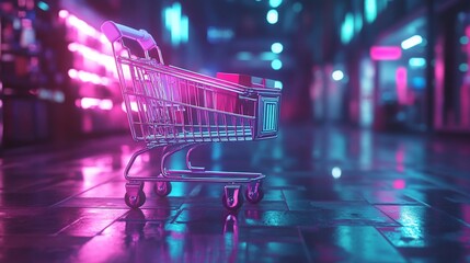 Neon Shopping Cart in a Futuristic Cityscape