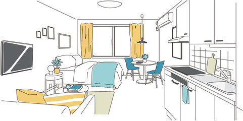 おしゃれな一人暮らしのワンルームの室内イラスト素材