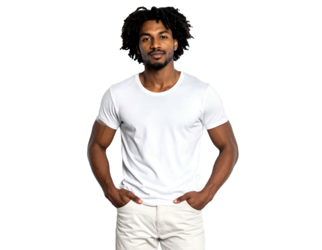 A man in a white t-shirt and light pants poses against a black background
