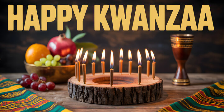 Happy kwanzaa celebration with kinara and fruit