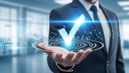 Elegant businessman presenting glowing checkmark hovering above hand in modern office, symbolizing quality assurance and compliance with advanced technology