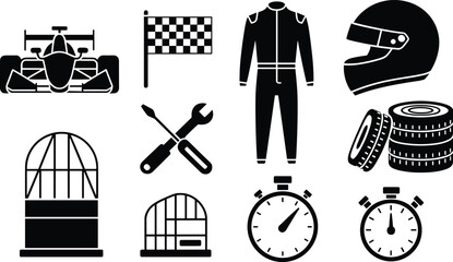 Racing car elements vector illustration including helmet, tires, stopwatch, checkered flag, tools, racing suit, and automotive competition equipment icons.