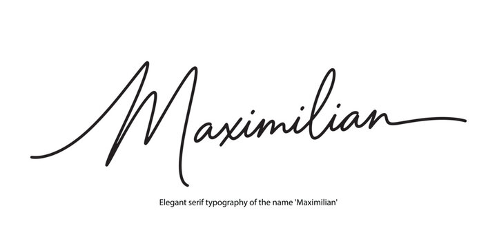 Elegant serif typography of the name 'Maximilian' rendered in 3D gold lettering on a reflective black marble surface. Ideal for luxury branding, finance, and corporate identity