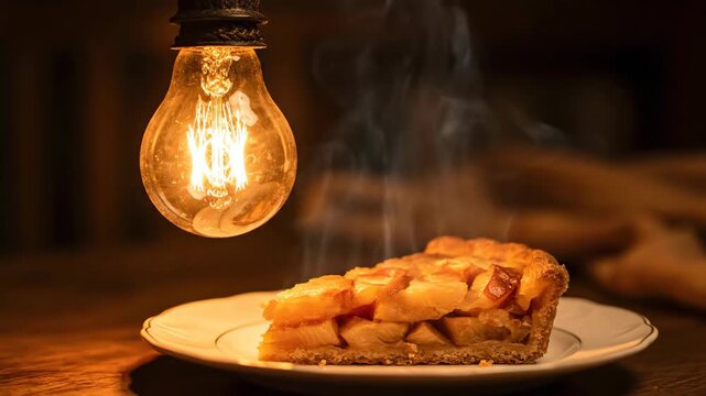 Apple pie slice with light bulb, food photography close-up