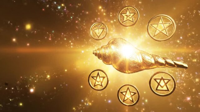 Gita Jayanti, Golden gradient, sacred conch and chakra symbols rotating gently