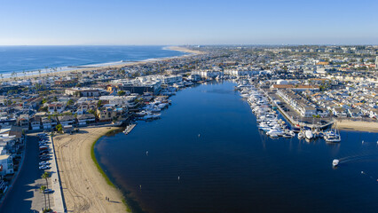 Fototapeta premium Aerial shot of boats and yachts in the Newport Bay in Newport Beach California USA