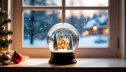 Illuminated house inside a festive snow globe on a window ledge, capturing the essence of winter holidays
