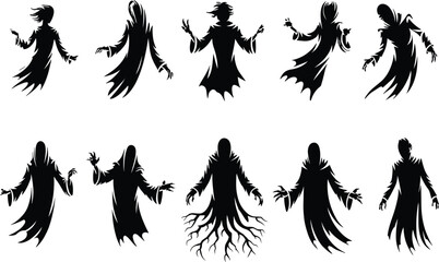 Set of spooky ghost silhouette characters with flowing robes and eerie poses for Halloween, horror design, and dark fantasy art.