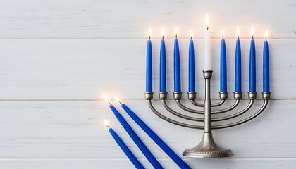 Hanukkah menorah with lit candles on white wooden background, symbolizing tradition, faith, and the festival of lights