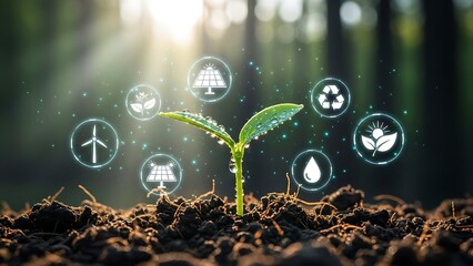 Promising seedling represents eco-friendly solutions for a sustainable future with renewable energy symbols, use in green campaigns, environmental awareness, and clean tech