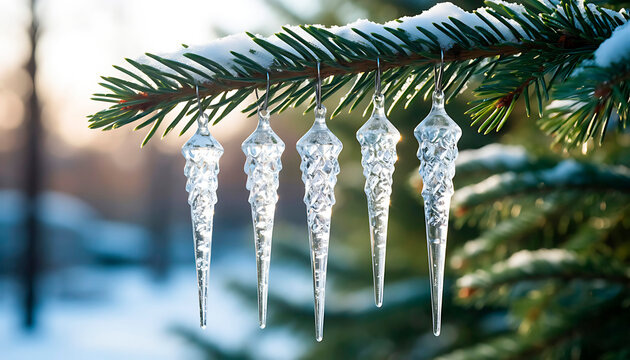 Clear glass icicles decorating a green fir tree branch covered with snow, capturing the winter and holiday spirit