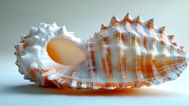 Beautiful orange-striped seashell on a light surface