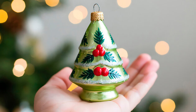 Hand holding a vintage green glass Christmas tree ornament with red berries and glitter details, celebrating holidays - Powered by Adobe
