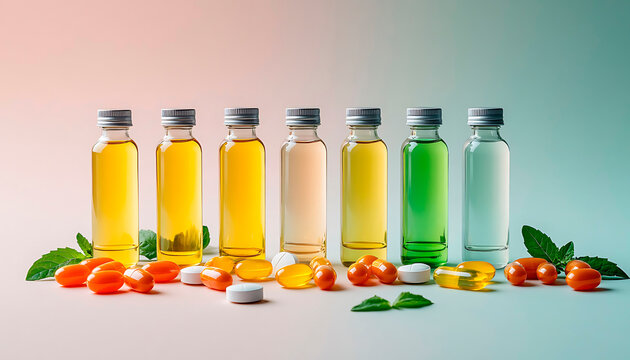 Rows of various liquid supplements in bottles with assorted pills and green leaves, symbolizing natural health
