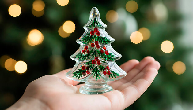Hand holding a small glass christmas tree decoration with red berries and green branches. Festive blurred background